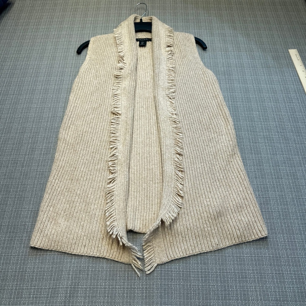 Boho Fringe Sweater Cardigan Vest Small Beige Open Front Knit Lagenlook Layer